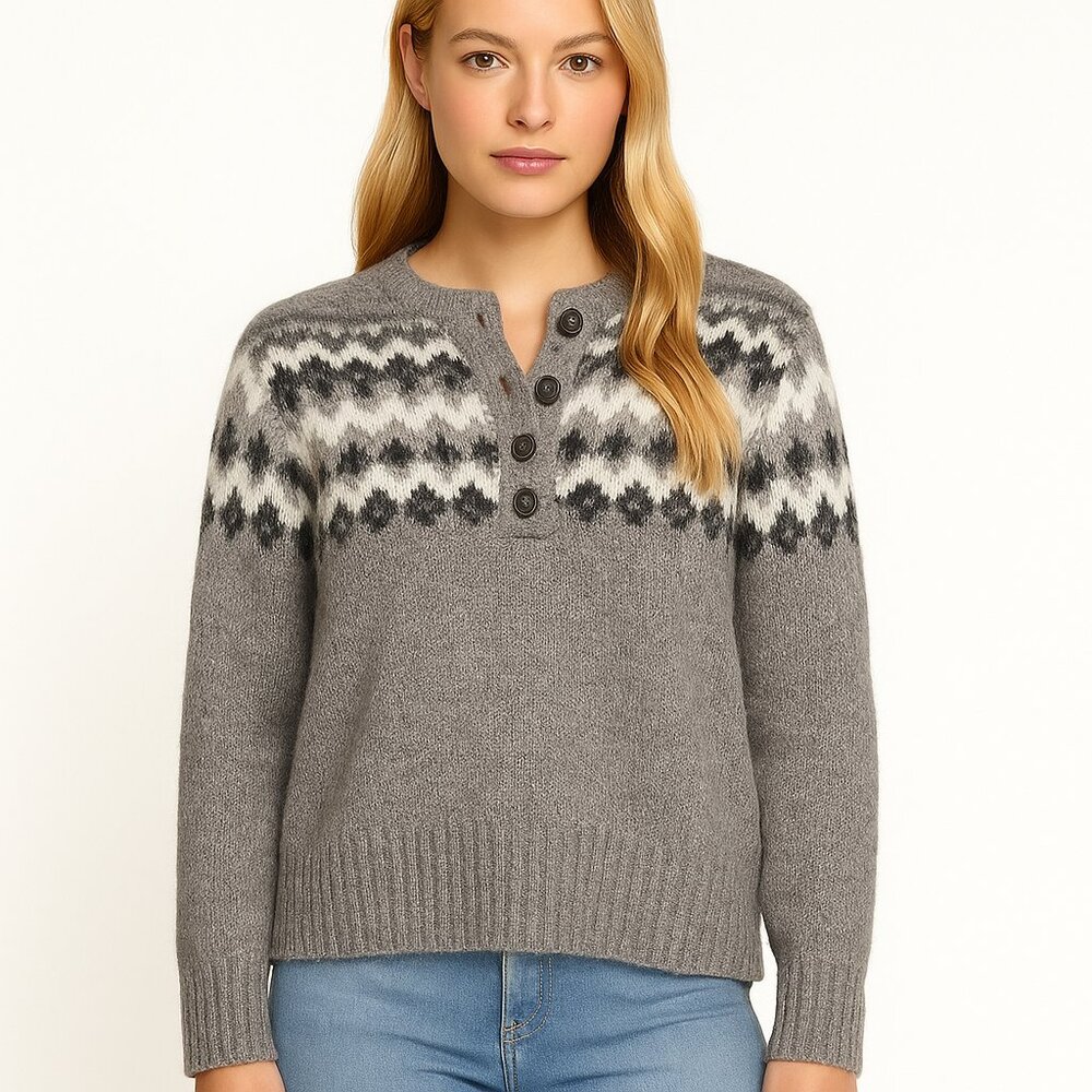 Zara Gray Fair Isle Henley Alpaca Knit Blend Long Sleeve Sweater Women’s Size S - Picture 16 of 16